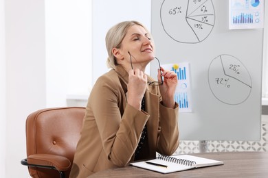 Photo of Dreams come true. Woman with glasses thinking about something at wooden table indoors