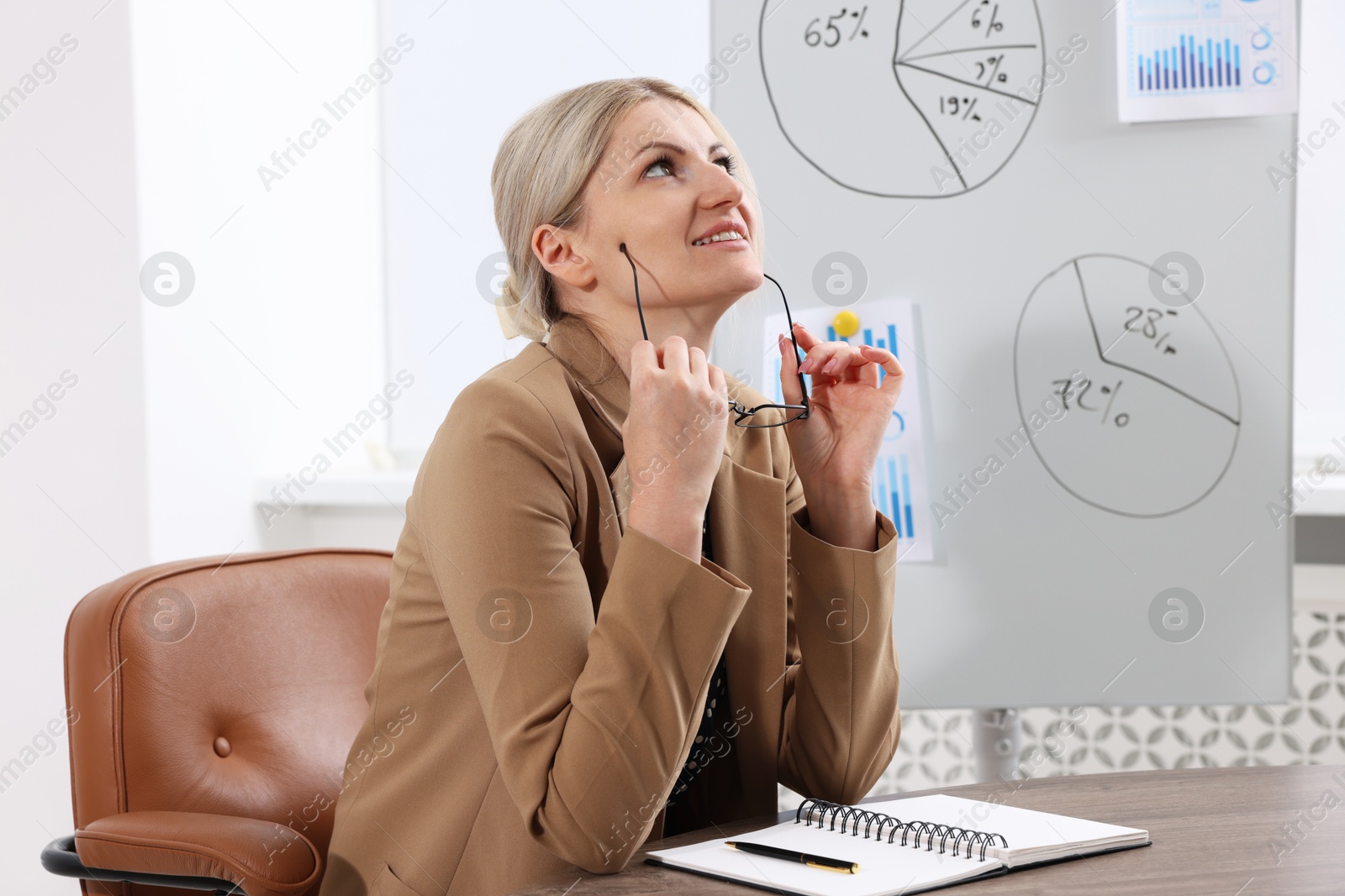 Dreams come true. Woman with glasses thinking about something at wooden table indoors Photo of Dreams come true. Woman with glasses thinking about something at wooden table indoors
