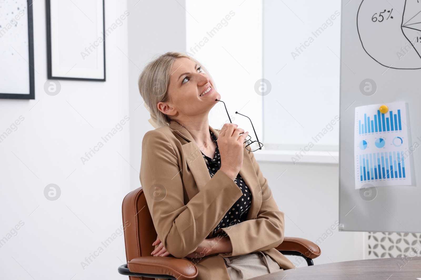 Dreams come true. Woman with glasses thinking about something indoors Photo of Dreams come true. Woman with glasses thinking about something indoors
