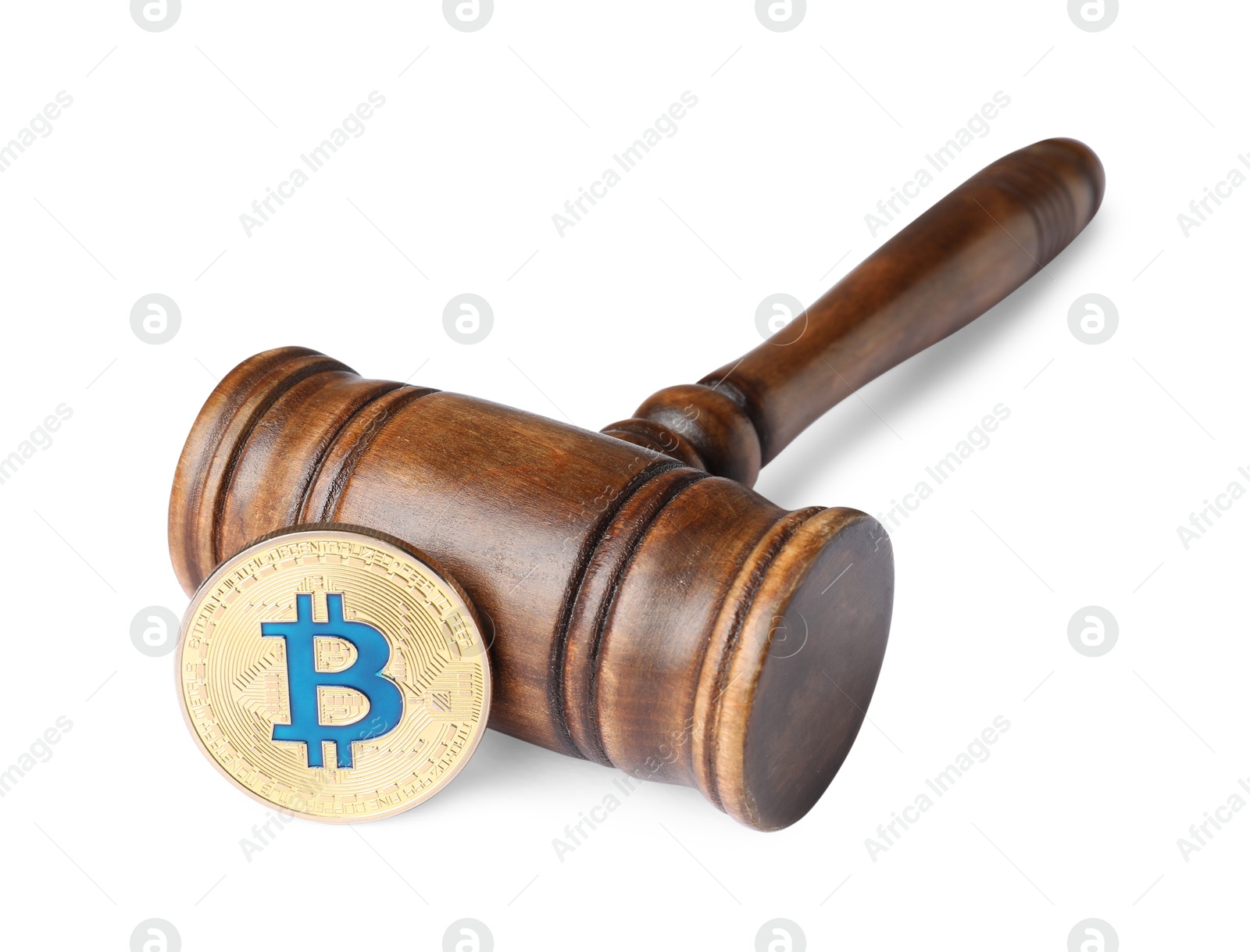 Cryptocurrency. Bitcoin and judge's gavel isolated on white Photo of Cryptocurrency. Bitcoin and judge's gavel isolated on white
