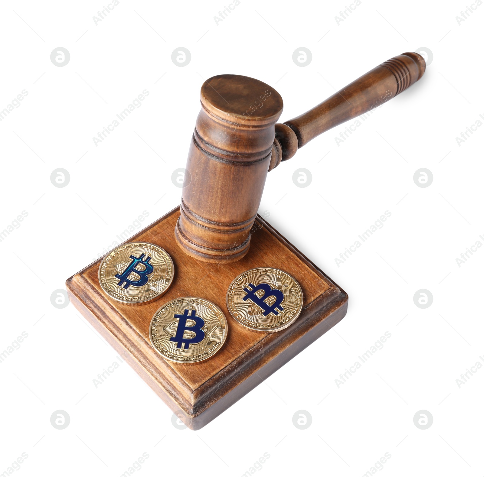 Cryptocurrency. Bitcoins and judge's gavel isolated on white Photo of Cryptocurrency. Bitcoins and judge's gavel isolated on white