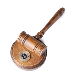Photo of Cryptocurrency. Bitcoin and judge's gavel isolated on white, above view