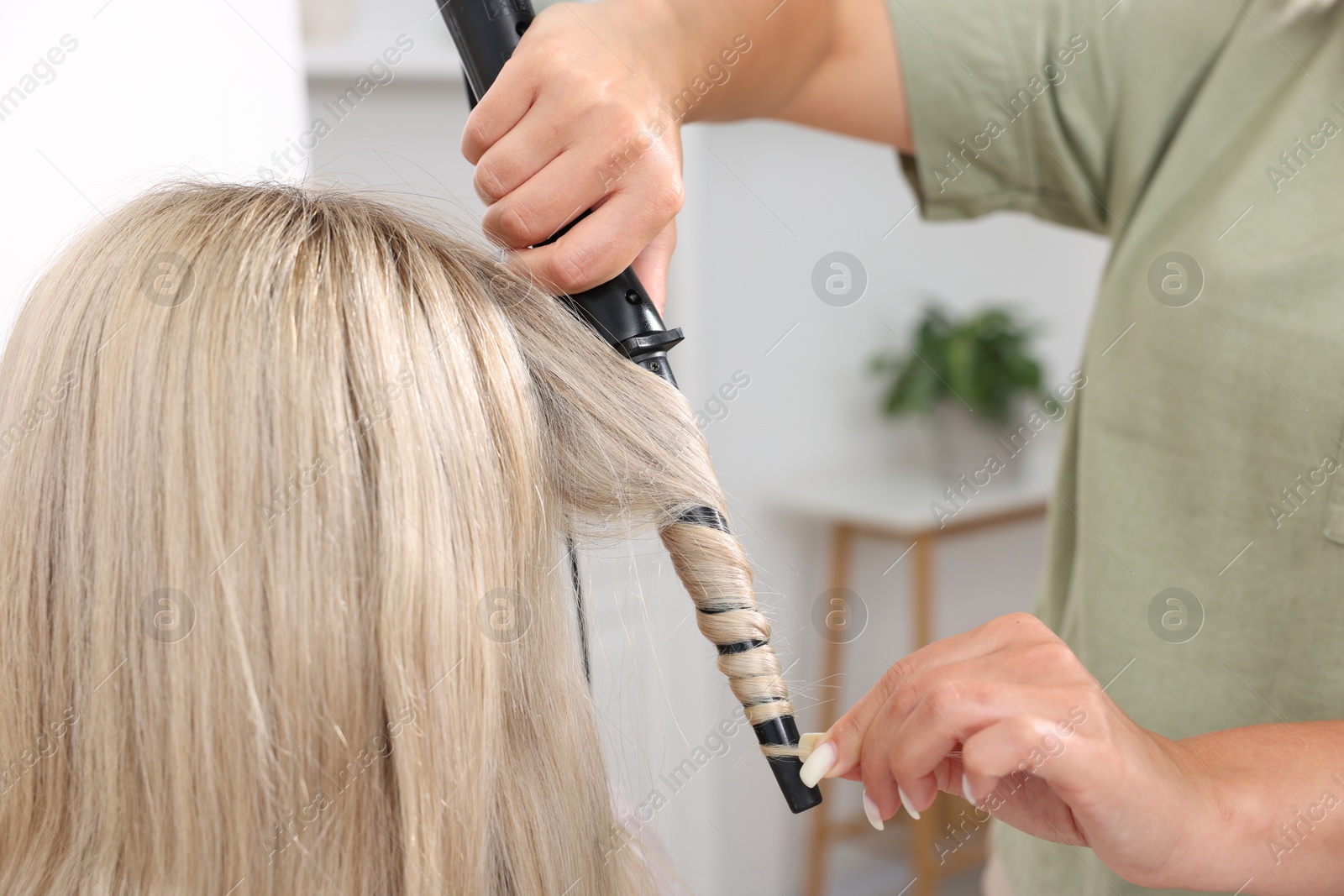 Hairdresser curling woman's hair in salon, closeup Photo of Hairdresser curling woman's hair in salon, closeup