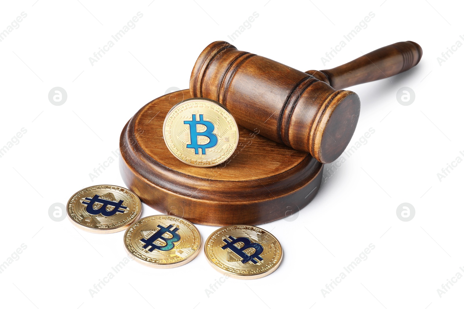 Cryptocurrency. Bitcoins and judge's gavel isolated on white Photo of Cryptocurrency. Bitcoins and judge's gavel isolated on white