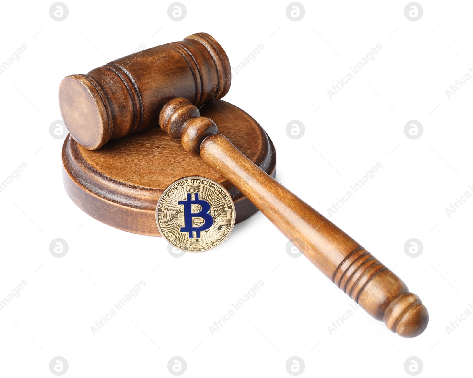 Cryptocurrency. Bitcoin and judge's gavel isolated on white Photo of Cryptocurrency. Bitcoin and judge's gavel isolated on white
