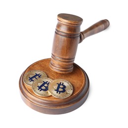 Photo of Cryptocurrency. Bitcoins and judge's gavel isolated on white