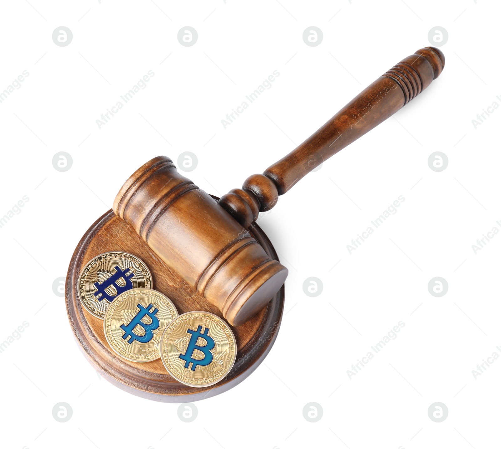 Cryptocurrency. Bitcoins and judge's gavel isolated on white, above view Photo of Cryptocurrency. Bitcoins and judge's gavel isolated on white, above view