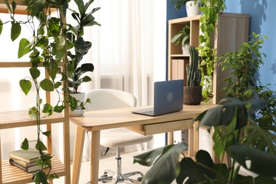 Photo of Stylish workplace with laptop on wooden desk and floral decor in office. Biophilic interior design