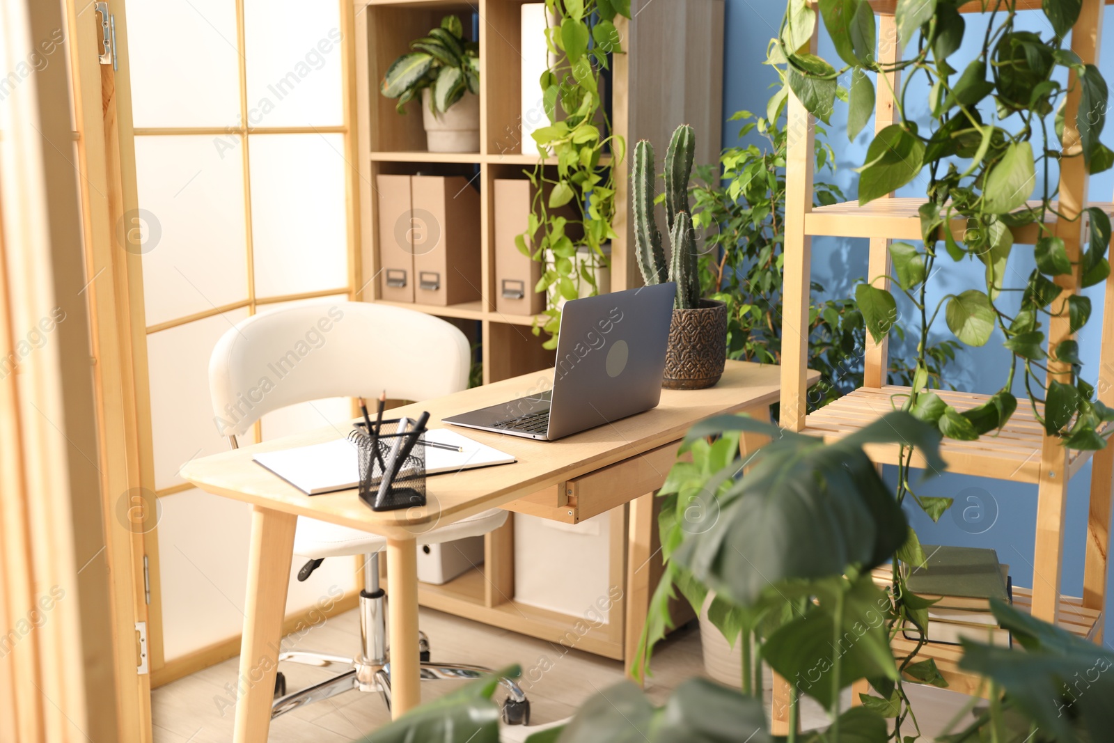 Stylish workplace with laptop, stationery and floral decor in office. Biophilic interior design Photo of Stylish workplace with laptop, stationery and floral decor in office. Biophilic interior design
