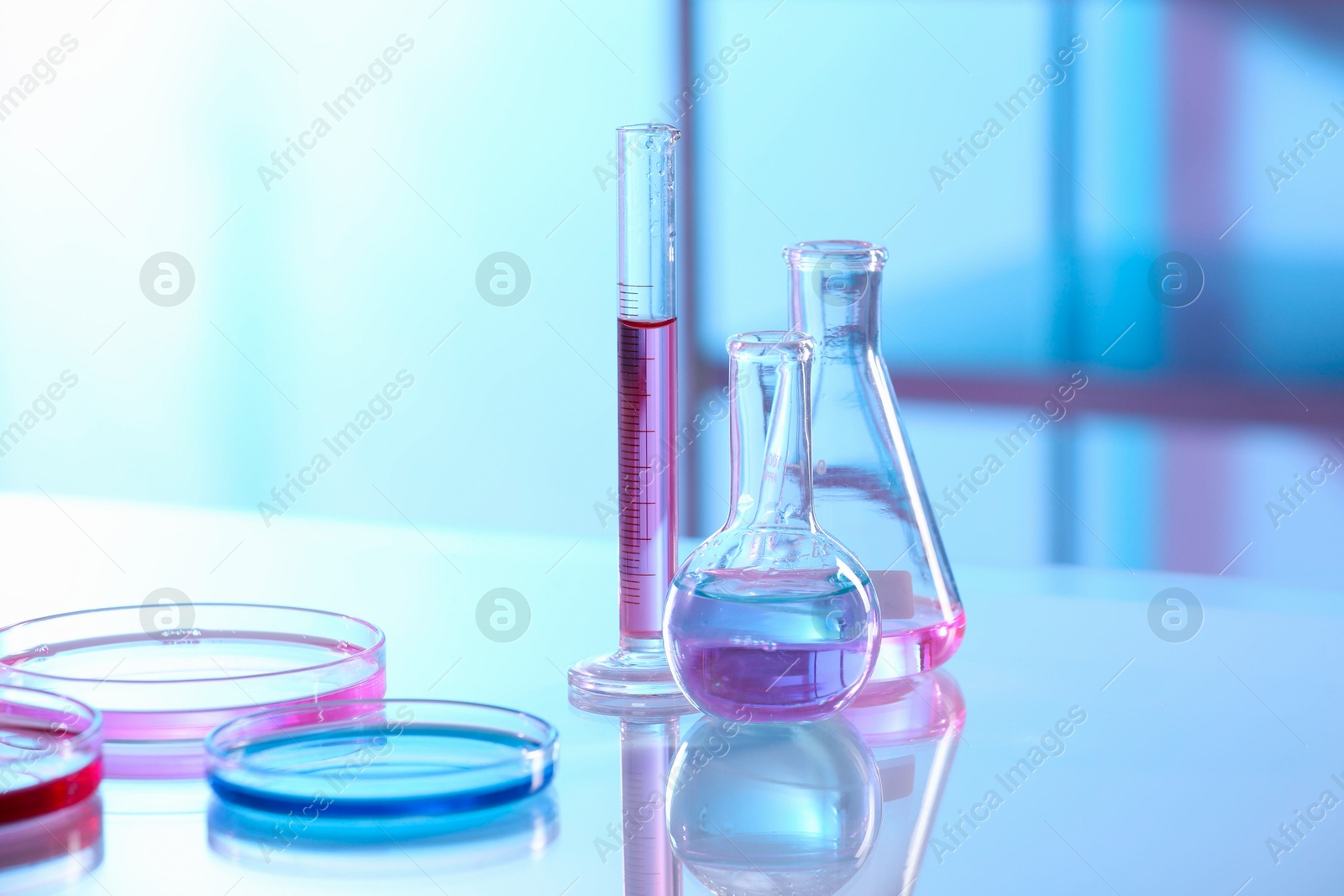 Photo of Laboratory glassware with different samples on light table, closeup