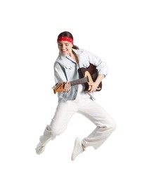 Photo of Woman with guitar jumping on white background
