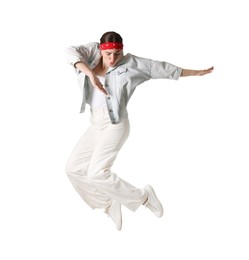 Photo of Woman in stylish outfit jumping on white background