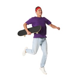 Photo of Man with skateboard jumping on white background