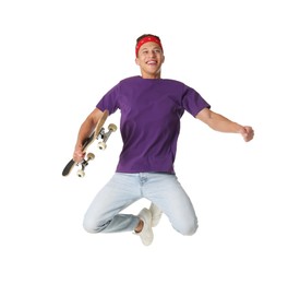 Photo of Man with skateboard jumping on white background