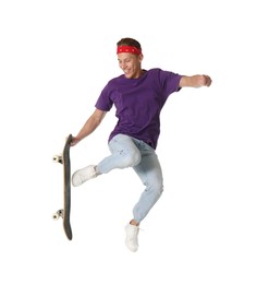 Photo of Man with skateboard jumping on white background