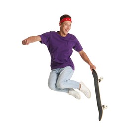 Photo of Man with skateboard jumping on white background