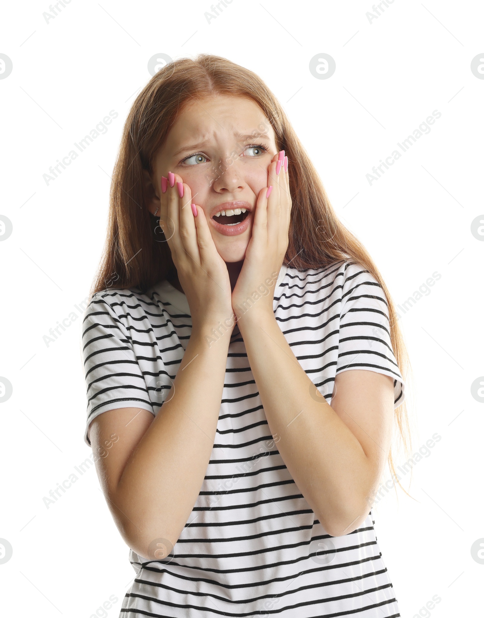 Photo of Teenage girl suffering from panic attack on white background
