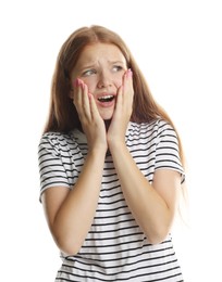 Photo of Teenage girl suffering from panic attack on white background
