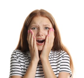 Photo of Teenage girl suffering from panic attack on white background