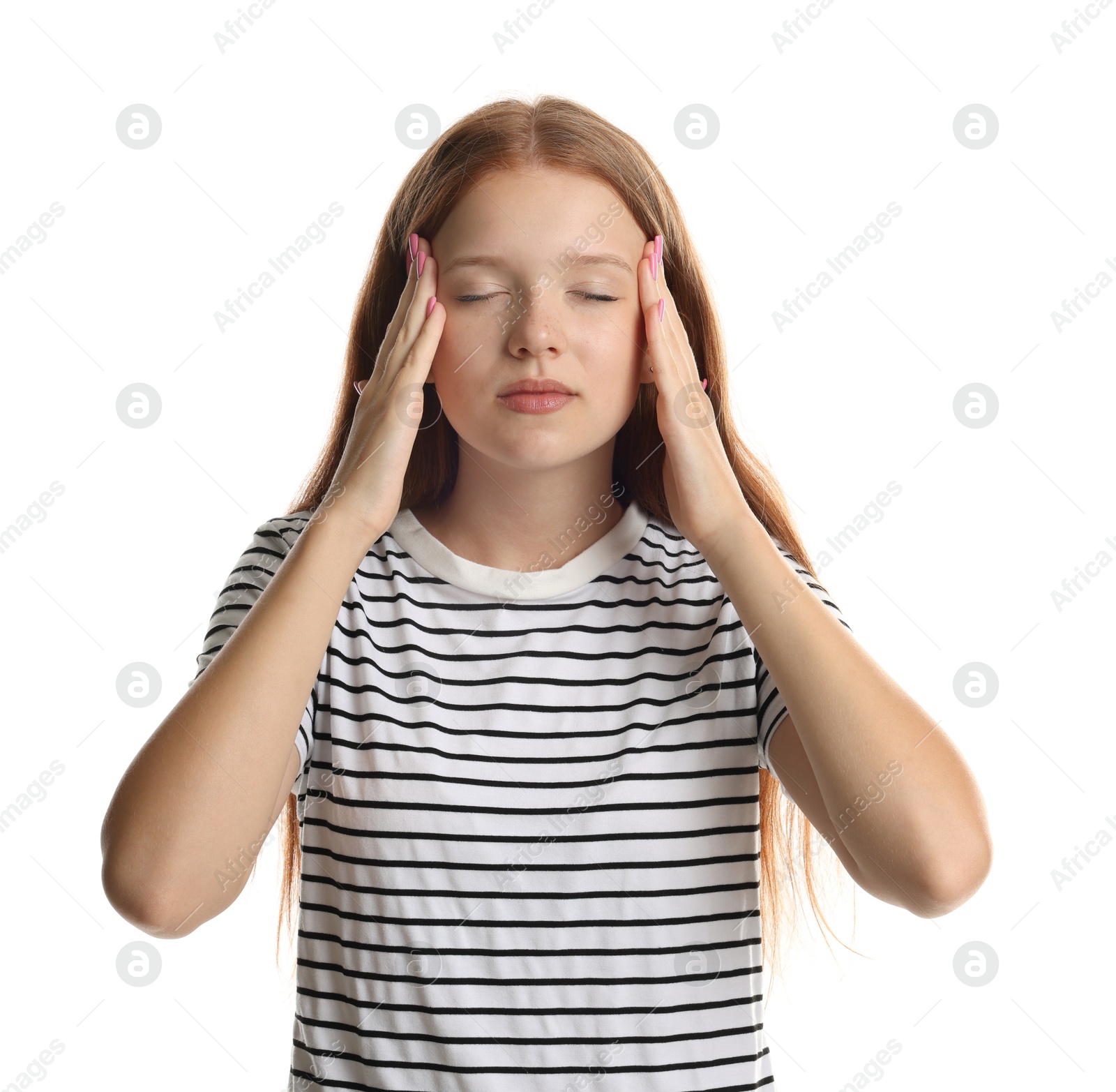 Teenage girl meditating on white background. Way to stop panic attack Photo of Teenage girl meditating on white background. Way to stop panic attack