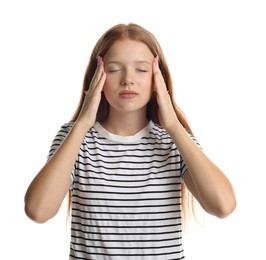 Photo of Teenage girl meditating on white background. Way to stop panic attack