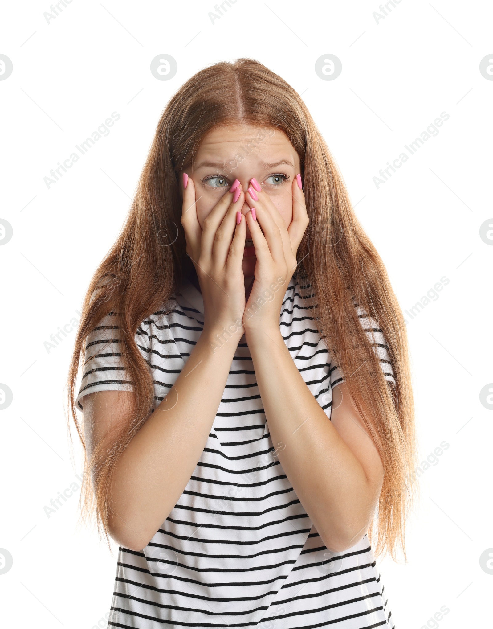 Teenage girl suffering from panic attack on white background Photo of Teenage girl suffering from panic attack on white background