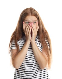 Photo of Teenage girl suffering from panic attack on white background