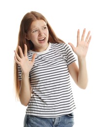 Photo of Teenage girl suffering from panic attack on white background