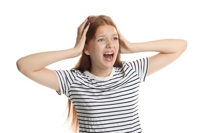 Photo of Teenage girl suffering from panic attack on white background
