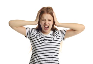 Photo of Teenage girl suffering from panic attack on white background