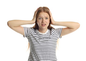 Photo of Teenage girl suffering from panic attack on white background