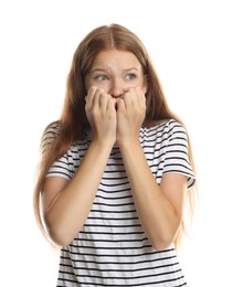 Photo of Teenage girl suffering from panic attack on white background