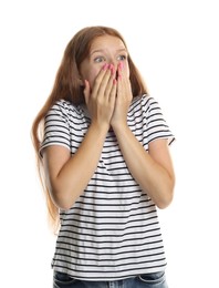 Photo of Teenage girl suffering from panic attack on white background