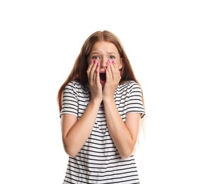 Photo of Teenage girl suffering from panic attack on white background