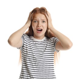 Photo of Teenage girl suffering from panic attack on white background