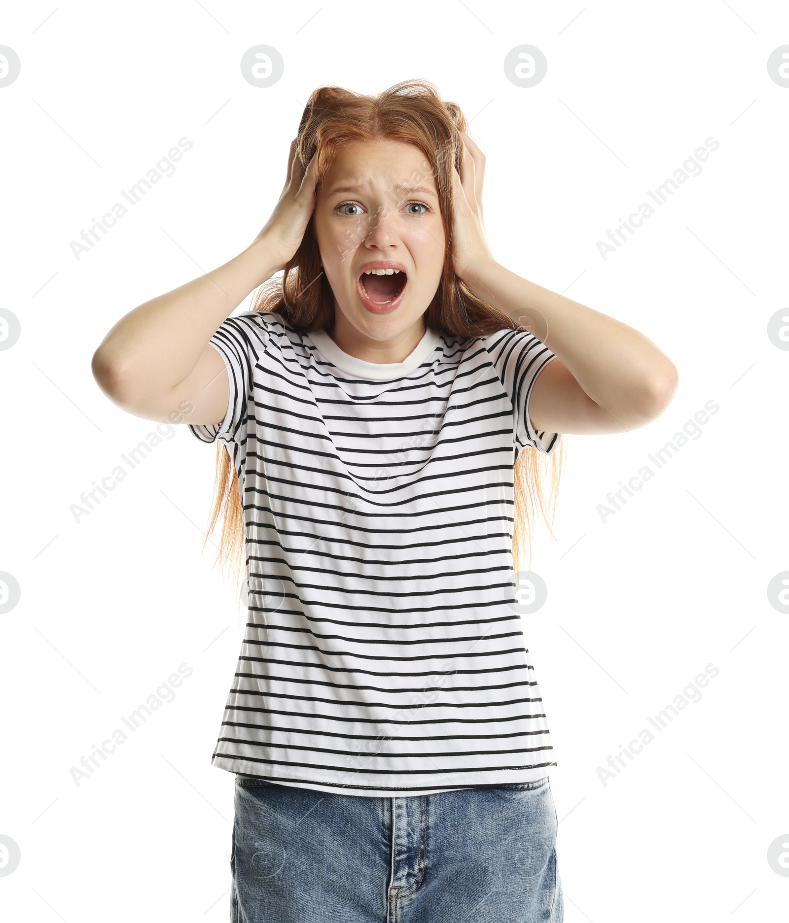Photo of Teenage girl suffering from panic attack on white background