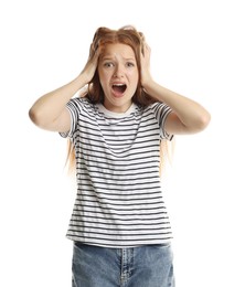 Photo of Teenage girl suffering from panic attack on white background
