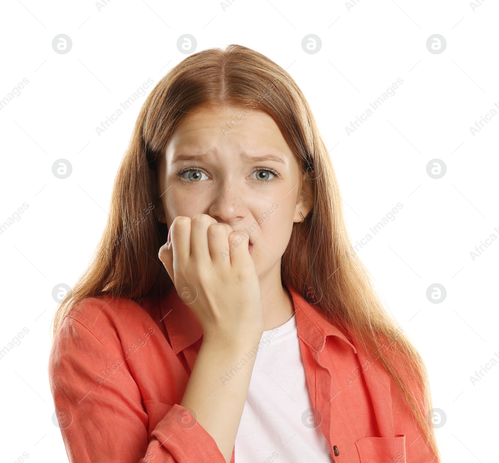 Teenage girl suffering from panic attack on white background Photo of Teenage girl suffering from panic attack on white background