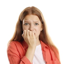 Photo of Teenage girl suffering from panic attack on white background