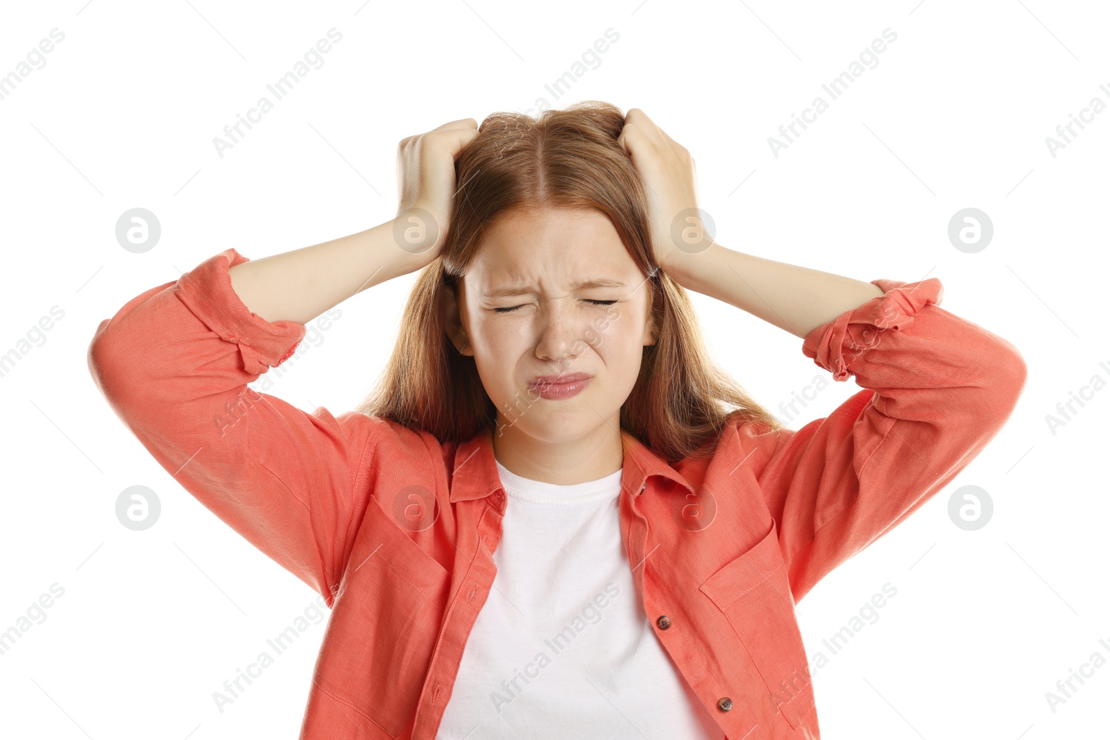 Teenage girl suffering from panic attack on white background Photo of Teenage girl suffering from panic attack on white background