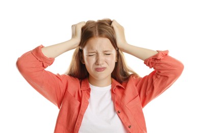 Photo of Teenage girl suffering from panic attack on white background