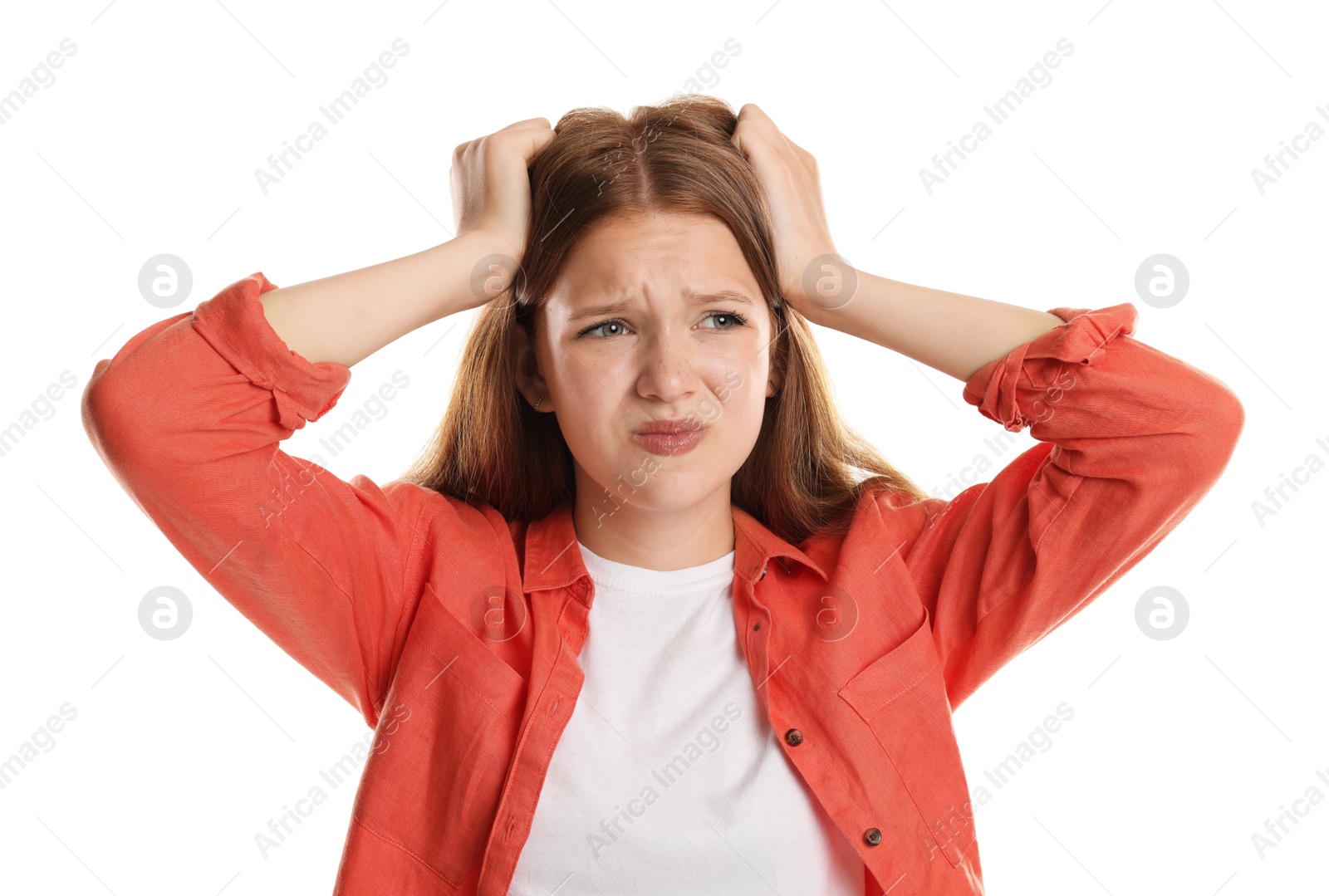 Teenage girl suffering from panic attack on white background Photo of Teenage girl suffering from panic attack on white background