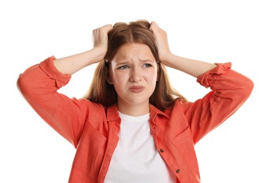 Photo of Teenage girl suffering from panic attack on white background