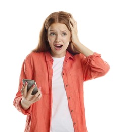 Photo of Teenage girl suffering from panic attack with smartphone on white background