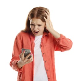 Photo of Teenage girl suffering from panic attack with smartphone on white background