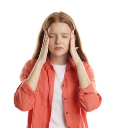 Photo of Teenage girl meditating on white background. Way to stop panic attack