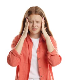 Photo of Teenage girl meditating on white background. Way to stop panic attack