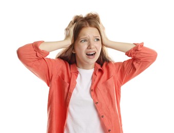 Photo of Teenage girl suffering from panic attack on white background