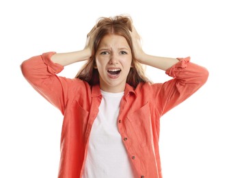 Photo of Teenage girl suffering from panic attack on white background