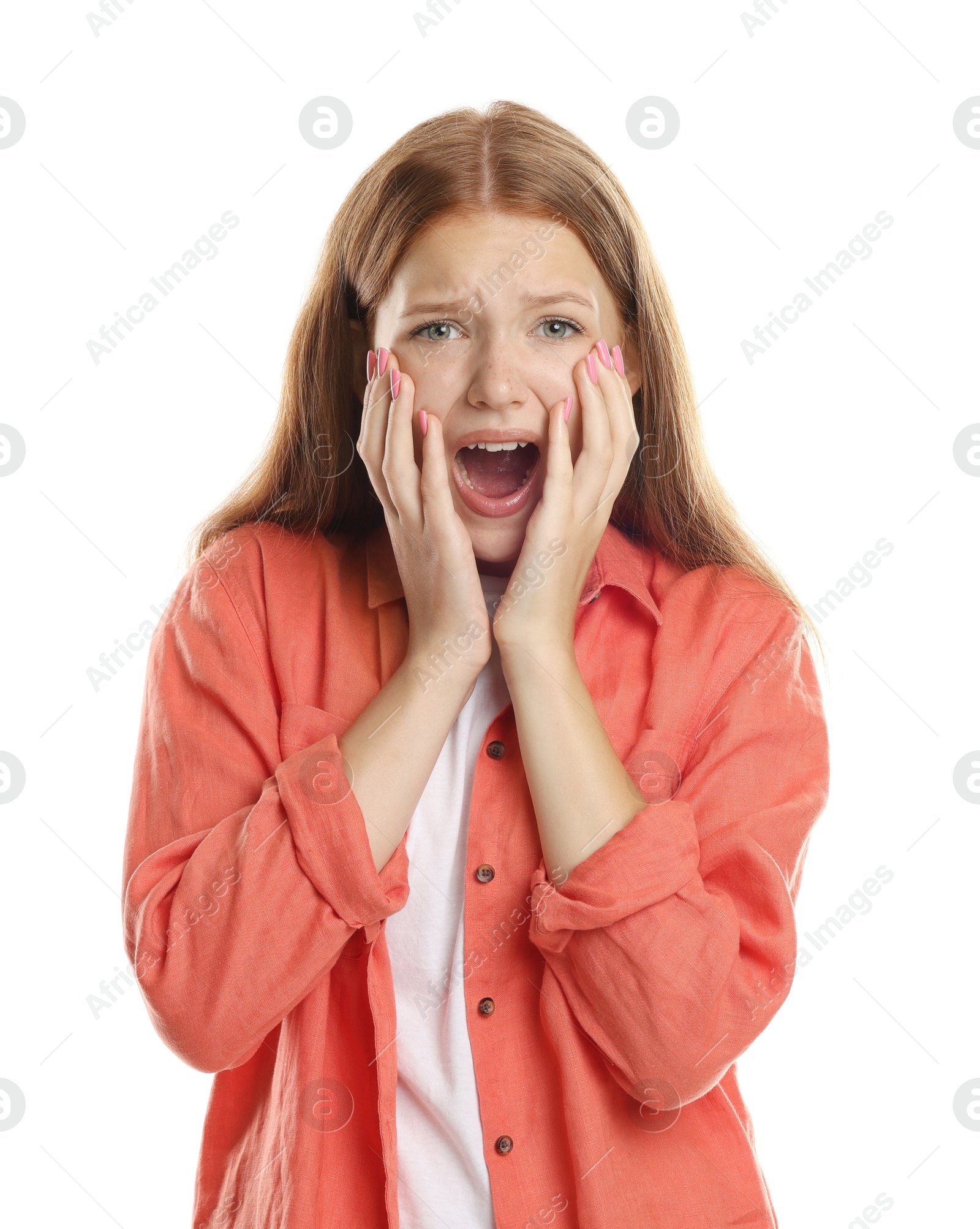 Teenage girl suffering from panic attack on white background Photo of Teenage girl suffering from panic attack on white background